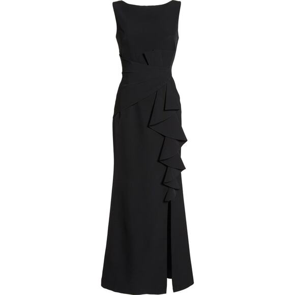 Eliza J Ruffle Front Gown Women's 4 Black Sleeveless Maxi Slit Bateau Neck NWOT - Picture 11 of 11